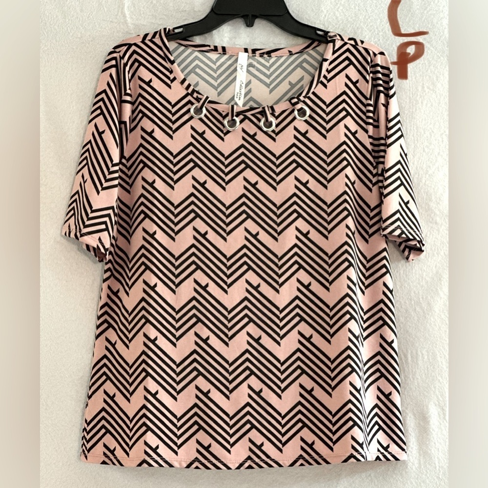 LADIES PINK, BLACK & WHITE STRIPED TOP WITH A METAL NECKLINE